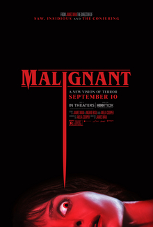 The title "Malignant" in red font. The letter "i" forms a line pointing towards a woman's face, seemingly about to pierce her eye.