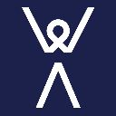 White stick figure with arms raised on dark blue square