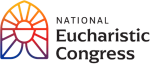 Line art of a stained glass window containing a chalice and host, with the words "National Eucharistic Congress"