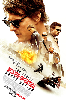 A montage of people, at the top the face of Ethan Hunt, his crew. Below a motorcycle scene.