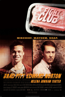A pink bar of soap with "FIGHT CLUB" embossed is in the upper right. Below are headshots of Brad Pitt smiling in a red jacket and Edward Norton in a white shirt and tie, facing forward. Their names are below the portraits, with "HELENA BONHAM CARTER" in smaller print. Above is "MISCHIEF. MAYHEM. SOAP."