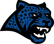 An illustration of a blue jaguar, mouth open, facing right