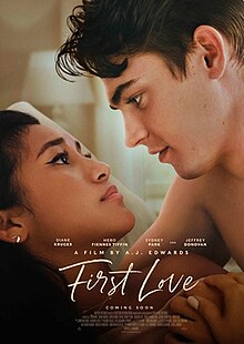 Poster for First Love, featuring a close-up of a young couple lying face-to-face, gazing intently into each other's eyes. The title is written in elegant script at the bottom, with cast and director credits above.