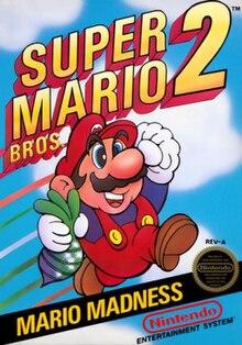 Mario jumps into the air holding a turnip, with the game's logo on the top and the tagline "Mario Madness" on the bottom.