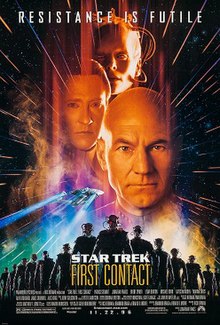 Movie poster for Star Trek: First Contact, showing head shots of Patrick Stewart as Captain Jean-Luc Picard, Brent Spiner as Data, and Alice Krige as the Borg Queen, from bottom to top; the bottom shows an image of the starship Enterprise NCC-1701-E speeding to the background over an army of Borg drones.