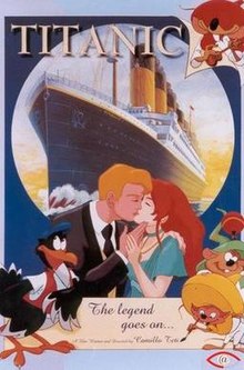 The Titanic. Below a blonde man and a redhaired woman kissing. The poster also includes various cartoon animals.