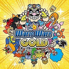 The words "WarioWare Gold" in a blue and yellow outlined font. Surrounding it in a circle is the cast of the WarioWare series in front of a golden background.