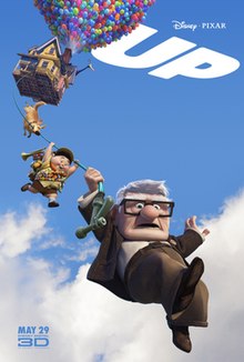 A house is in the air, lifted by balloons. Dug, a dog, Russell, a boy and Carl Fredricksen, an old man, hang beneath on a garden hose. "UP" is written in the top right corner. The release date "May 29" is displayed on the bottom left corner.