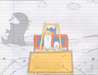 A hand-drawn image on ruled paper. A frontal view of a yellow digger (backhoe loader) driving down a hilly country road. Occupying the vehicle's left side is a man wearing a yellow hardhat. To his right is a young boy holding up his right hand in front of him. Behind the digger is a red, blue and grey robotic vehicle. In the background is a grey dinosaur tossing two stick figures into the air, about to eat them. Three light-grey clouds are spread across the top-center and top-right of the drawing.