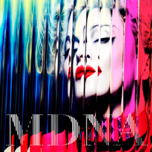 Close-up of Madonna in front of a colorful background. The deluxe cover of the album is distorted through the use of a glass-pane like filter, giving it a wavy appearance. The 12 layers of colours symbolizes her twelfth album in her career.