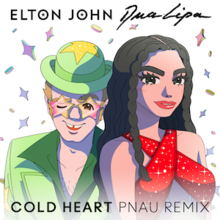 Cartoon versions of Elton John, dressed in a green suit and bowler hat, and Dua Lipa, crisscrossing red cloth covering her breasts