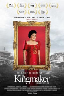 Poster showing Imelda Marcos wearing a Filipiniana dress. On the background is an image of a slum.