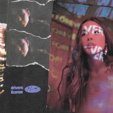 The cover art depicts a black surface that contains the text "drivers license" and "OLIVIA RODRIGO" printed in purple and on the bottom left side of the image. Stacked on top are various photographs of Rodrigo. One such picture, located on the right side of the cover art, shows Rodrigo looking to her right while bathed in red lights.