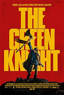 Sir Gawain raises an axe on a hilltop, in front of the film's title which sits on a plain red background.