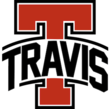 A scarlet uppercase 'T' outlined with a white line and thicker black line and the name TRAVIS in black capital letters laid across, interrupting the 'T'