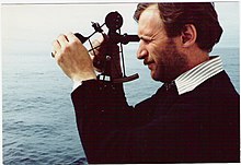 Willem Mörzer Bruyns in 1983 on the expedition vessel Plancius in the North Atlantic Ocean.