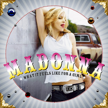 Madonna wearing a white top with her tongue out to the camera. The photo is within a circular frame on top of which artist and song name is written in bold capital font.