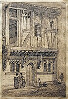 Etching of a half-timbered house in middle Water Lane York in 1827 (now Cumberland Street). Two women and a child stand in the street in the left foreground.[14][19]