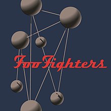 Gray spheres are connected by gray spokes over a blue background. The words "Foo Fighters" appear in red.