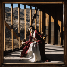 Vera Sola wearing a white and red dress, sitting in a chair inside of a house frame overlooking a hill