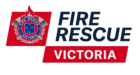 To the upper left, the Fire Rescue Victoria badge on a red background; to the right, the words FIRE RESCUE VICTORIA.