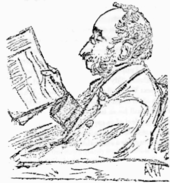 sketch of balding white man with side-whiskers, wearing pince-nez and reading a newspaper