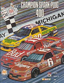 The 1990 Champion Spark Plug 400 program cover, featuring Michael Waltrip, Geoff Bodine, and Mark Martin. Artwork by NASCAR artist Sam Bass.