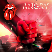 A cartoon fist smashing through glass, with a broken version of the Rolling Stones tongue and lips logo in the top left and the word "Angry" in the top right