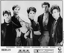 Berlin, c. 1983. L–R: David Diamond, Rob Brill, Terri Nunn, John Crawford, Matt Reid, and Ric Olsen.