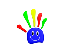 A stylized palm and five fingers are separated. The palm has a cartoonish smiling face. The thumb and ring finger are red, the index and little finger are green, and the middle finger is yellow.