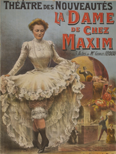 Theatre poster depicting a young white woman in late 19th-century costume showing what at the time would be thought a risqué amount of bare leg