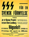 Poster of the SSS in Lidingö (Branch no. 93) and NU - Vanguard Lidingö, announcing a meeting. Gunnar Prawitz speaks on 'Capitalist Democracy or Nordic People's State' and Sgt. Sten Lundberg on 'Nordic Youth, Vanguard of the Future'.