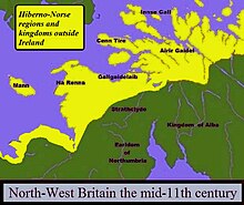 Map showing much of north-western Britain, with the sea in blue, Norse-Gaelic land in yellow, other land in green, with territory names marked in appropriate places; regions marked in green territory, from south to north: "Earldom of Northumbria" where the upper region of the Tyne lies, "Strathclyde" on the Clyde, "Kingdom of Alba" on the rivers Tay and Earn; in yellow territory from south to north: "Mann" where the isle of Man lies, "Na Renna" on Wigtownshire, "Gallgaidelaib" on north Ayrshire, "Cenn Tire" on Kintrye, "Airir Gaidel" on Lorne, and "Innse Gall" on Islay and adjacent islands