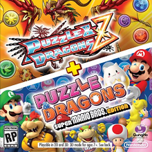 The cover art is divided in two, with the upper half showing artwork from Puzzle & Dragons, and the bottom half showing artwork from Super Mario Bros.