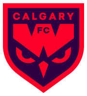 A violet-coloured shield is decorated with the face of a bird and the words "Calgary FC", both printed in red.