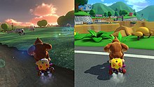A series of screenshots demonstrates the graphical differences between courses from the base game and the DLC. The left screenshot shows Donkey Kong on the Moo Moo Meadows stage from the base game, set on a sunset, with textured grass and a dirt road. The right screenshot shows Donkey Kong on the Shroom Ridge course from the DLC, nearing a cliff on a curved road in daylight. Donkey Kong is on a flat, asphalt road with a white stripe, with grass in front of him more brightly colored than the grass on Moo Moo Meadows.