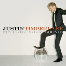 A picture of a young man who wears a suit while stomping on a disco ball. The background is gray and in the middle are the words 'Justin' (written in black) and 'Timberlake' (written in orange), while under them is 'FutureSex/LoveSounds' in nuances of gray.