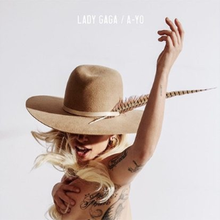 Lady Gaga wearing a cowboy hat which partially obscures her face. She has her left hand up in the air and her right hand covers her breasts.