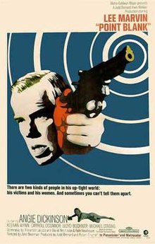 The poster features an image of Lee Marvin's face beside a hand holding a gun with ripples of white radiating from the gun barrel. The image is tinted in various areas with shades of green, red, and blue. The tagline reads, "There are only two kinds of people in his up-tight world: his victims and his women. And sometimes you can't tell them apart."