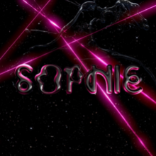 The album title in stylized, squiggly capital letters backed by darkness and monochrome magenta laser lights.