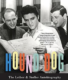 Mike Stoller (left) and Jerry Leiber (right) flanking Elvis Presley on the cover of Leiber and Stoller's joint autobiography, Hound Dog