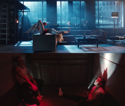 A double frame of Dua Lipa dancing in a dark loft with flickering light, wearing a white and red outfit on top, and Mark Ronson and Diplo sitting in a dark elevator on the bottom.
