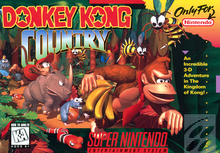 The North American box art of Donkey Kong Country: a diorama featuring a number of animals following Donkey Kong, who is running while carrying a banana. The diorama is surrounded by the typical Western SNES box art border on the bottom and right-hand side; the rating ("KA") and words "SUPER NINTENDO ENTERTAINMENT SYSTEM" are on the bottom, while a tagline, "An Incredible 3-D Adventure in the Kingdom of Kong!", is on the right. The upper right-hand corner features the words "Only for Nintendo".