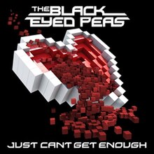 A large red pixellated heart symbol with a white outline appears to be bleeding, i.e. overflowing with maroon cubes. Above are the words "The Black Eyed Peas" and below are "Just Can't Get Enough", all in majuscule white font. Its 3D squarey bits resembles the game Minecraft.