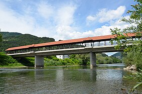 Partially covered bridge over Savinja river in Laško, Slovenia (1996)