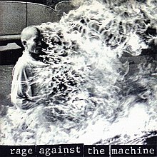 A black-and-white image of a man being burned alive. The album title/band name is shown at the bottom in lowercase letters with a black background.