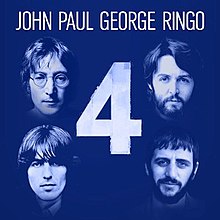 A blue monochrome picture of the individual musicians' faces with a large number 4 between them