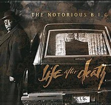Biggie Smalls (wearing a long black coat and a black bowler hat) is seen standing next to a funeral motorcade. The album's title "Life after death" is painted on the motorcade's trunk. It's license plate bears the name "B.I.G." on it.