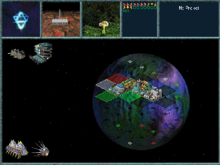 An image of a planet with an overlay grid of colored squares. Beside the planet sit cartoons representing orbital structures.