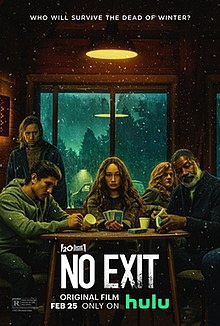 A poster featuring five strangers inside a cabin. Outside there is snow and a little girl walking by an illuminated van.